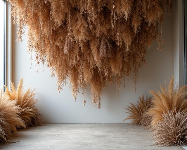 A large, hanging installation made entirely of dried flowers and grasses.