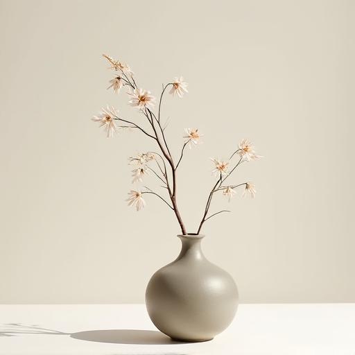 A minimalist, ikebana-style floral arrangement in a ceramic vase.