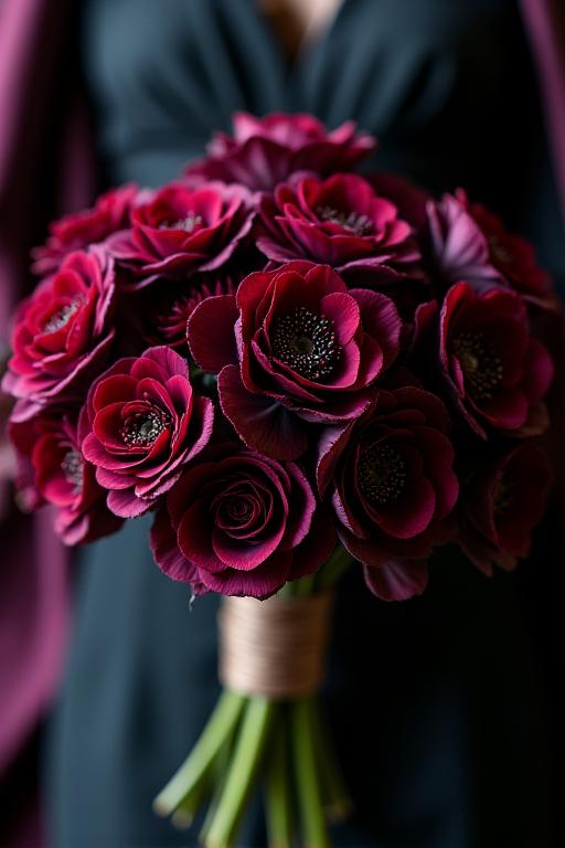 A dramatic and moody bridal bouquet with deep red and purple flowers.