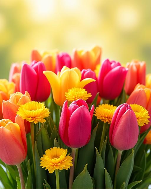A vibrant and colorful spring floral arrangement bursting with tulips and ranunculus.