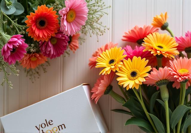A beautiful bouquet of seasonal flowers next to an elegant Vole Bloom subscription box.