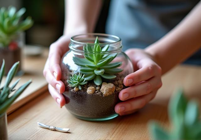 Hands carefully placing a succulent into a glass terrarium during a workshop.