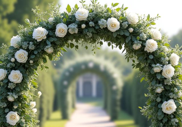 An elegant wedding arch lavishly decorated with white roses and eucalyptus.